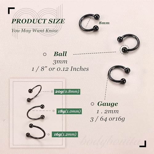 G23 Titanium 14/16/18/20G Septum Rings Horseshoe Nose Ring Jewelry | 2/3Pcs Circular Barbell Spike Lip Body Piercing Jewelry Conch Helix Tragus Earring Silver/Black 8/10/12mm 14K Gold Plated - color: Black-3pcs, size: Balls-3pcs-16g-8mm