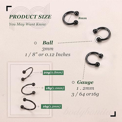 G23 Titanium 14/16/18/20G Septum Rings Horseshoe Nose Ring Jewelry | 2/3Pcs Circular Barbell Spike Lip Body Piercing Jewelry Conch Helix Tragus Earring Silver/Black 8/10/12mm 14K Gold Plated - color: Black-3pcs, size: Balls-3pcs-16g-8mm