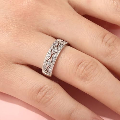 Jeulia Womens Wide Eternity Ring Wedding Band, Milgrain Round Cut 18k White Gold Plated Eternity Band Ring Romantic Birthday Anniversary Jewelry with Gift Box - color: Diamond White