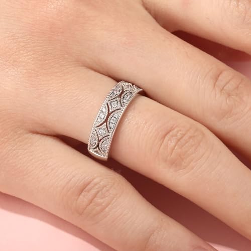 Jeulia Womens Wide Eternity Ring Wedding Band, Milgrain Round Cut 18k White Gold Plated Eternity Band Ring Romantic Birthday Anniversary Jewelry with Gift Box - color: Diamond White