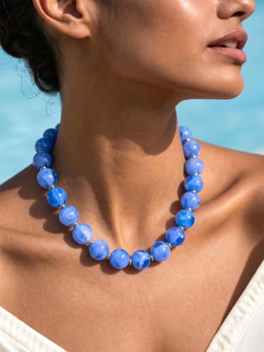 Chunky Beaded Necklaces for Women Statement Necklace | Bold Chunky Choker, Large Resin Beads, Adjustable Necklace, Boho Trendy Summer Beach Holiday Jewelry - color: Blue-01