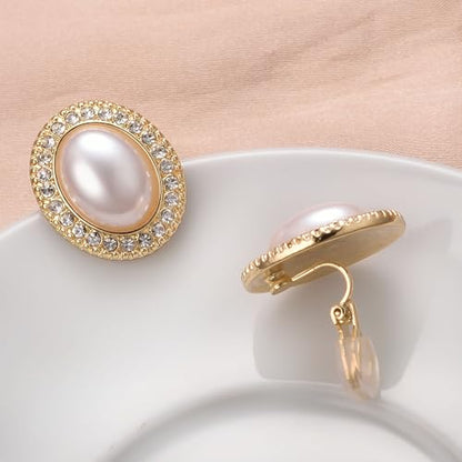 Yoursfs Faux Pearl Clip On Earrings For Women 18K Gold Plated Button Ear Clips - style: Oval Big White Pearl Clip on Earrings