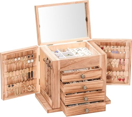 ProCase Large Jewelry Box, 5-Layer Wooden Jewelry Boxes for Women, Jewellery Holder Organizer Storage Case with Mirror for Earrings Necklace for Dresser -Natural - color: Natural, size: 5-Layer