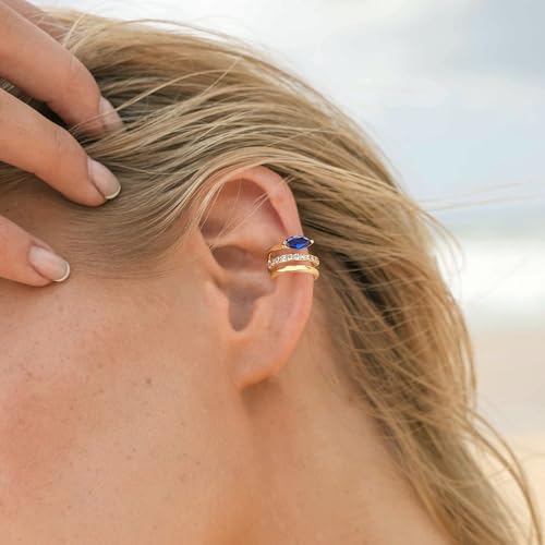 Gold Ear Cuff Earring for Women 14K Gold Plated Cubic Zirconia Non-Pierced Clip on Cartilage Chunky Ear Cuffs Hypoallergenic Jewelry - style: blue eye / pair