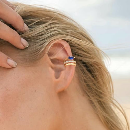 Gold Ear Cuff Earring for Women 14K Gold Plated Cubic Zirconia Non-Pierced Clip on Cartilage Chunky Ear Cuffs Hypoallergenic Jewelry - style: blue eye / pair