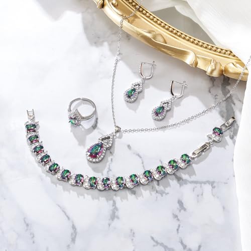 Wedding Jewelry Set for Women Bride Bridesmaid | Gorgeous Cubic Zirconia Teardrop Necklace Earrings Bracelet Adjustable Ring Jewelry Gift for Birthday/Anniversary - color: 16-Vitrail Light Silver-Tone