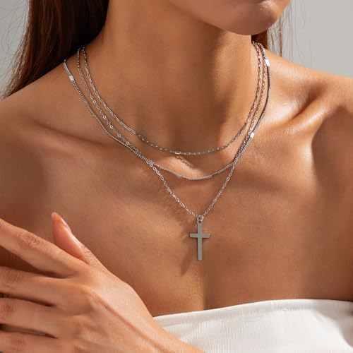 Cross Necklace for Women Dainty Layered Stainless Steel Silver Chain Necklace Stack Trendy Charm Pendant Necklaces Jewelry Set - color: Silver