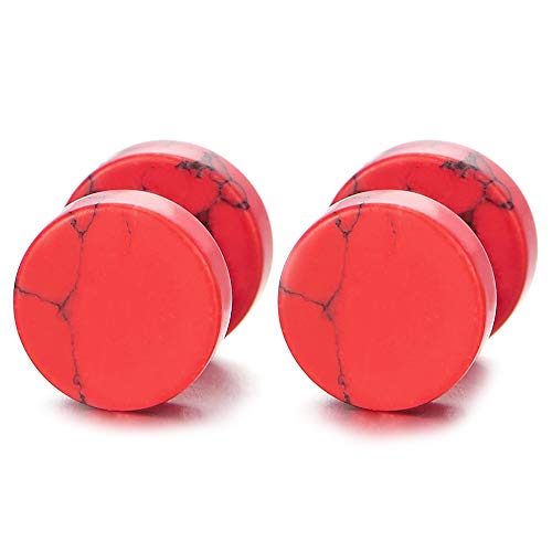 2pcs Marble Stud Earrings Men Women, Steel Cheater Fake Ear Plugs Gauges Illusion Tunnel - color: B-Red Color, size: Wide:8MM
