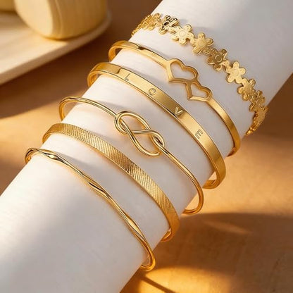 Gold Bangle Bracelet, 6 Pcs Layer Stackable Cuff Bracelet Set, 14K Gold Plated Dainty Layered Chain for Women (Gold)