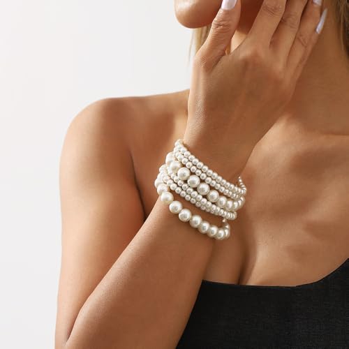 Boho Pearl Beaded Bracelets for Women Wedding White Pearl Bracelet Stack | Dainty,stackable,stretch,everyday,jewelry,set,bohemian,layered,bead,elastic,accessories,vintage,aesthetic,birthday,prom,gifts