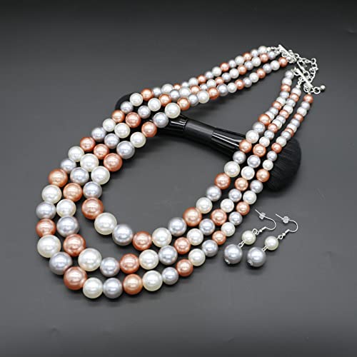 Chunky Layered Imitation Pearl Necklace for Women 3 strand Pearl Necklaces Faux Pearl Necklace Earrings Set 1920s Flapper Gatsby Costume Accessories - color: 3 strand pearl necklace champagne grey white