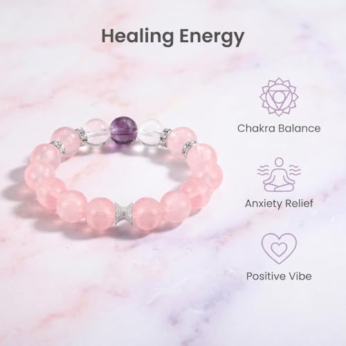 Rose Quartz Bracelet for Women,Strawberry Crystal Bracelet | Chakra Healing Anxiety Relief Stress Relief Jewelry Gift for Yoga Meditation Back to School