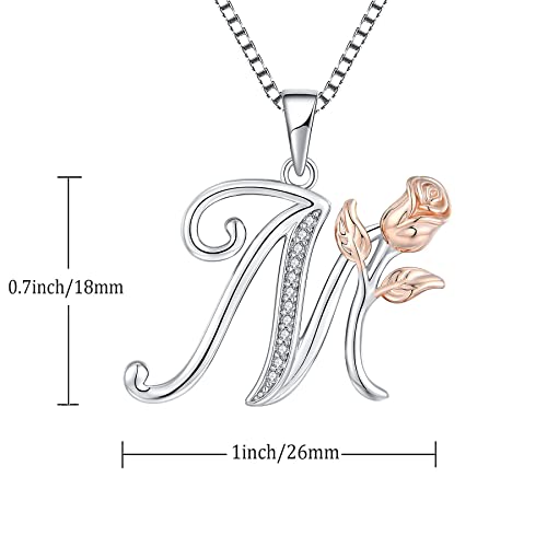 STARCHENIE Initial Necklace for Women Sterling Silver Letters 26 Alphabet Pendant Rose Flower Jewelry Gifts for Family Sisters Friend - color: M