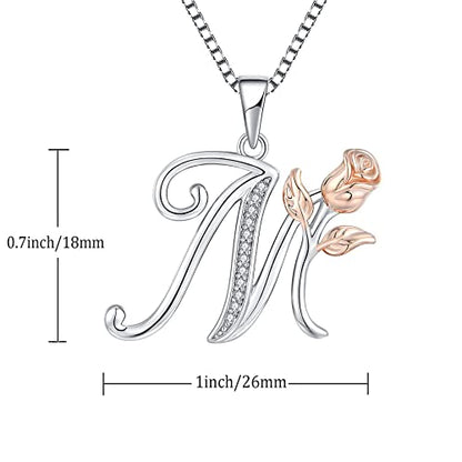 STARCHENIE Initial Necklace for Women Sterling Silver Letters 26 Alphabet Pendant Rose Flower Jewelry Gifts for Family Sisters Friend - color: M