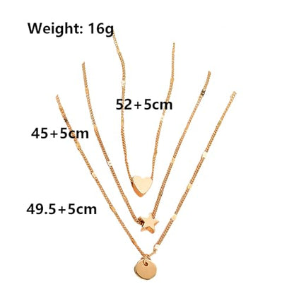 Layered Gold Heart Star Pendant Necklaces Set for Women Stackable Love Coin Chain Necklaces Adjustable Pentagram Choker Necklaces Jewelry Accessories