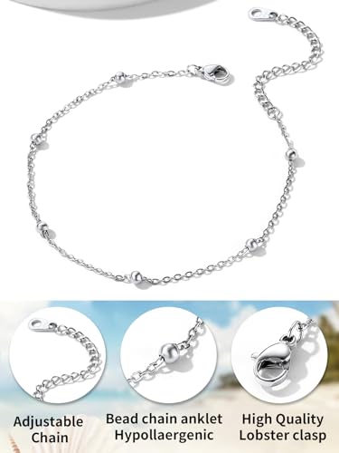 ChainsHouse Ankle Bracelets for Women, Stainless Steel Beaded Chain Ankle Bracelet, Womens Heart Anklets for Summer Beach Jewelry Gifts - color: I: bead-3.5mm-stainless steel