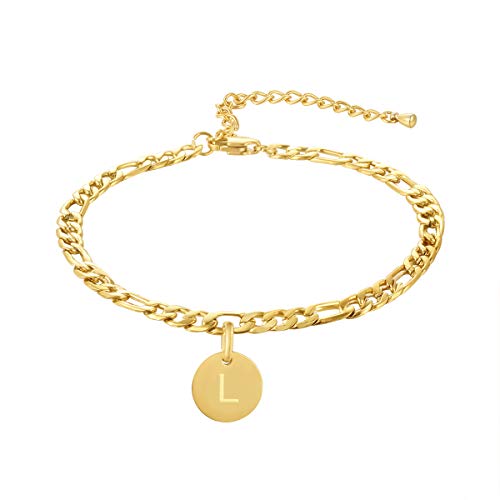 FOSIR 18k Gold Plated/Silver Tone Initial Anklets for Women, Surgical Stainless Steel Ankle Bracelets for Women Figaro Chain Anklet Beach Jewelry, Waterproof - style: L-gold