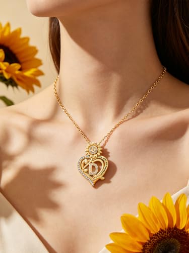14K Gold Sunflower Initial Necklaces for Women | Heart Letter Pendant You Are My Sunshine Jewelry Gifts - style: D