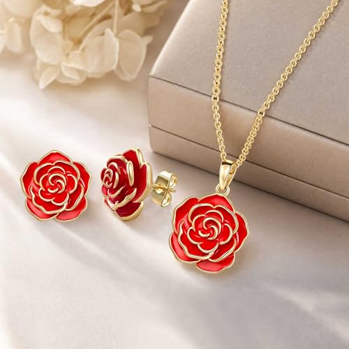 Enamel Rose Necklace and Earrings Jewelry Set for Women | 14K Gold Plated,Rose Represent: Love Gratitude Prid,Adjustable Chain Fit,Elegant Sets for Daily and Party Wear,Gift Box - color: Red
