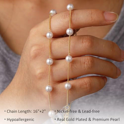 Ritach Pearl Necklaces for Women - Real Gold Plated Dainty Pearl Necklace Daisy Round Drop Pearl Choker Necklace Layered Gold Necklace for Women Teen Girls Bridesmaid Wedding Birthday Gifts - style: Gold-Satellite Pearl