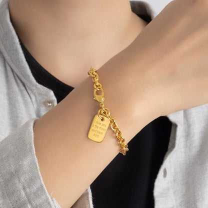 Dankadi Women 925 Sterling Silver Round Cable Wire Link Bracelet Charm Heart-Bell-Square-Circle Pendant Chain Bangle Fine Jewelry Gift For Wife Her - color: 8.5MM Gold Square Pendant, size: 6.3 in