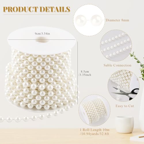 8mm Pearls for Crafting, 33 Feet Fake Pearl Beads String Ivory | Beaded Garland Roll Stand Decorative for Party Wedding Valentine Christmas Tree - size: 8mm/10.1m