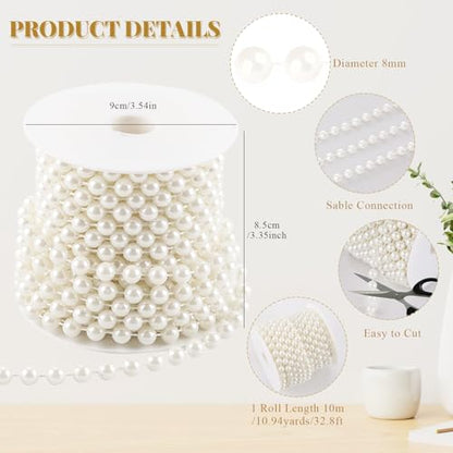 8mm Pearls for Crafting, 33 Feet Fake Pearl Beads String Ivory | Beaded Garland Roll Stand Decorative for Party Wedding Valentine Christmas Tree - size: 8mm/10.1m