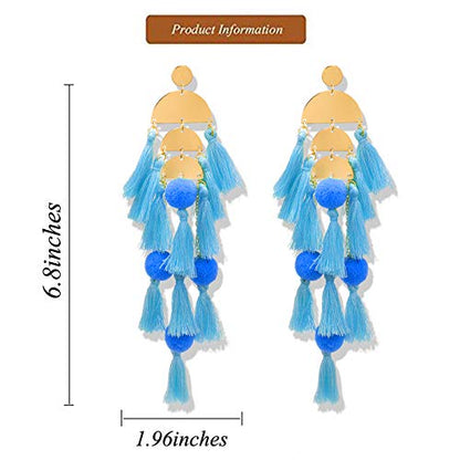 Long Tassel Earrings for Women Colorful Fringe Drop Dangle Earrings Bohemian Hawaiian Summer Beach Jewelry for Womens Vacation Outfits - color: Sky Blue