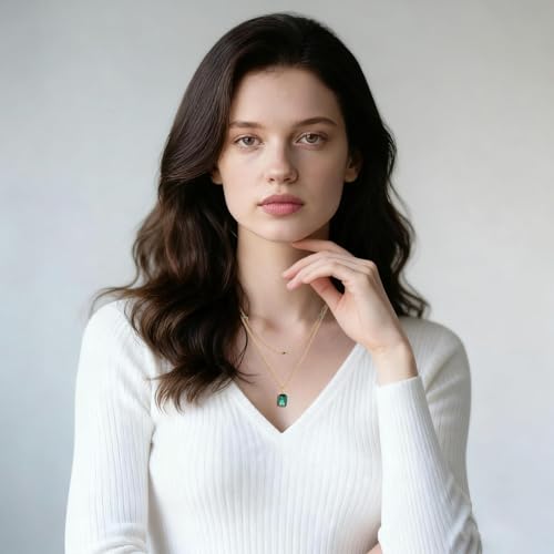 Birthstone Layered Pendant Paperclip Necklace 18k Gold Plated Heart Choker Chain Necklace Emerald Cut Jewelry Birthday Gift for Women - color: Rectangle Emerald