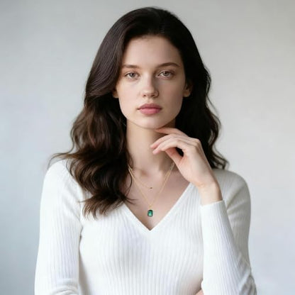 Birthstone Layered Pendant Paperclip Necklace 18k Gold Plated Heart Choker Chain Necklace Emerald Cut Jewelry Birthday Gift for Women - color: Rectangle Emerald