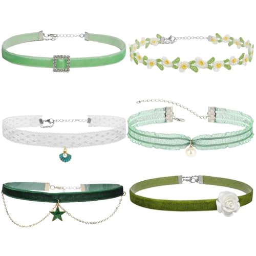 Nova&Aria Chokers Set For Women Heart Choker Necklaces Flower Pendant Velvet Cute Pink Turquoise Blue White Black Choker Necklace Christmas Colorful Lace Chokers - color: Green-C
