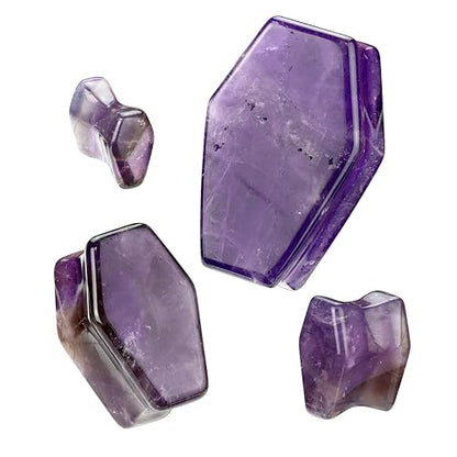 Pierced Owl Coffin Shaped Amethyst Stone Double Flared Plugs, Sold as a Pair - style: 12mm (1/2")