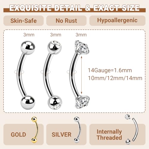 14G Surgical Steel Body Jewelry Belly Button Ring Gold Curved Navel Barbell | 14G Navel Rings Silver Snake Eyes Piercings for Tongue Conch Eyebrow Rings - color: Gold;BL:14mm