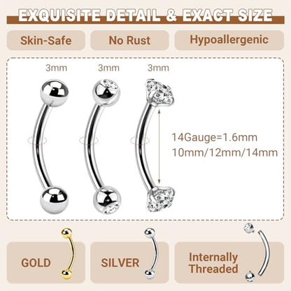 14G Surgical Steel Body Jewelry Belly Button Ring Gold Curved Navel Barbell | 14G Navel Rings Silver Snake Eyes Piercings for Tongue Conch Eyebrow Rings - color: Silver;BL:12mm