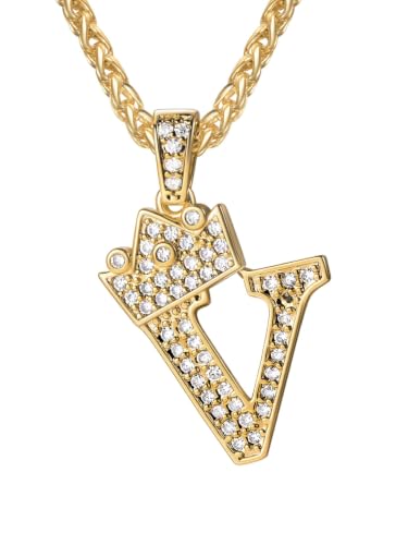 U7 Crown Initial Necklace Men Women, Bling Diamond A-Z 0-9 Letter Pendant with Wheat Chain, Silver/Black/Gold Plated CZ Alphabet Number Hip Hop Jersery for Father Husband - color: a. Gold, size: 22. V