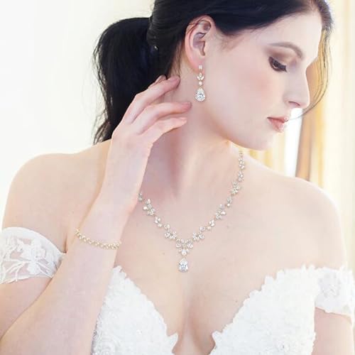 Gorgeous Wedding Jewelry Set for Women Bridal Cubic Zirconia Marquise Teardrop Leaf Cluster Y-Necklace Dangle Earrings Link Bracelet - color: 01-Clear Gold-Plated-Brass