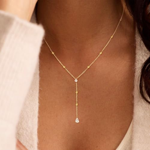 Long Gold Necklace For Women,Dainty Lariat Y Necklace 14K Gold Plated Cute Cubic Zirconia Lariat Necklaces Trendy Simple Statement Rhinestone Choker Necklaces Summer Jewelry - color: Gold-style 2
