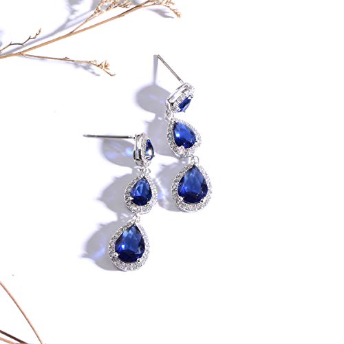 Women's Cubic Zirconia Bridal Earrings - Elegant Long Wedding Party Prom Earring for Bride Bridesmaids Crystal CZ Rhinestone Chandelier Statement Dangle Drop Earrings for Women - color: Sapphire - 14K White Gold Plated