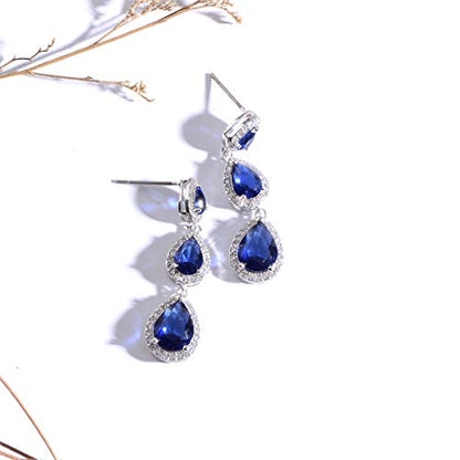 Women's Cubic Zirconia Bridal Earrings - Elegant Long Wedding Party Prom Earring for Bride Bridesmaids Crystal CZ Rhinestone Chandelier Statement Dangle Drop Earrings for Women - color: Sapphire - 14K White Gold Plated