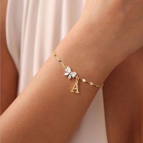 Gold Initial Bracelet for Women Teen Girls 14k Gold Plated Dainty Butterfly Charm Letter Bracelet for Birthday Jewelry Gifts - color: Gold-R
