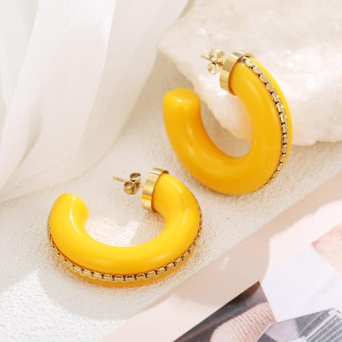 Gold Plated Resin Chunky Hoop Earrings Hypoallergenic Push Back Hoops for Sensitive Ears - color: Lemon Yellow
