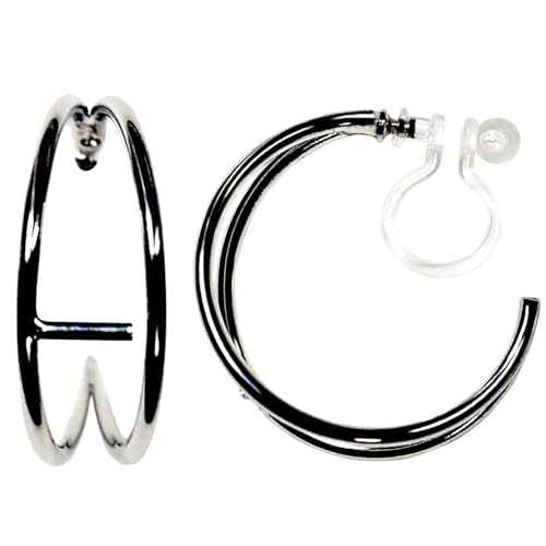 Hoop Invisible Clip On Earrings for Women Not Pierced Gold Small Twisted Hoop Comfortable Silver Large Clip On Earrings - color: Double Hoop Silver