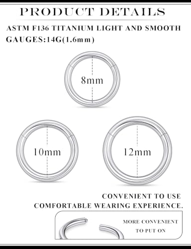 20G 18G 16G 14G Nose Rings Hoops Astm F136 Titanium Clicker Septum Jewelry Lip Ring Tragus Helix Daith Rook Conch Snug Cartilage Lobe Earrings Hoop Piercing Jewelry For Women Men Silver - size: 14G-8MM-10MM-12MM