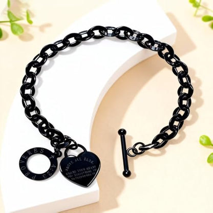 Heart Charm Bracelet Plated 18K Gold/Silver/Rose Gold Bible Scripture Heart Bracelet for Women Jewelry Gift Zircon Her Link Chain OT Clasp Stainless Steel Birthday - color: Black, size: 7.1 inch