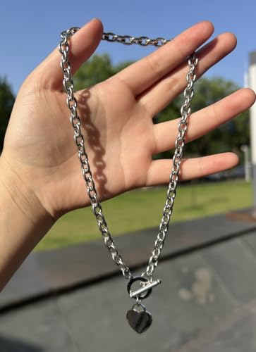 WangGao Elegent Love Stainless Steel Link Chain Blank Heart Charms Necklace for Women Toggle Clasp Closure - color: Silver, size: 15.74inches