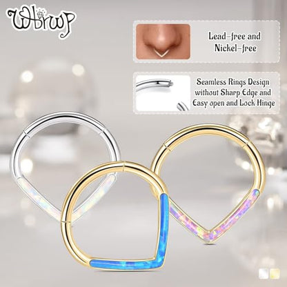 WBRWP 316L Stainless Steel Nose Hoop Rings Clicker with Zircon/Opal 14g-20g | Hypoallergenic Nose Rings Segment Clicker Lip Rings Cartilage Rook Conch Earrings Diameter 5mm-10mm - color: Teardrop with Blue Opal - Gold
