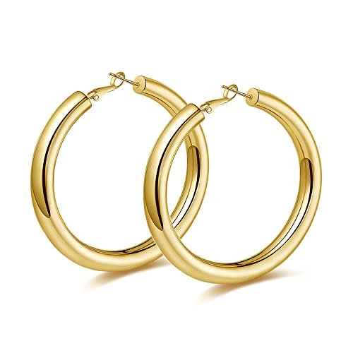Gold Hoop Earrings for Women Chunky Hoops 14K Gold Plated Thick Hollow Tube Lightweight Earrings for Mother Birthday Gifts 20/25/30/40/50MM - color: Gold-50MM