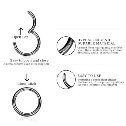 16G 6MM 7MM 8MM 9MM 10MM 12MM Hinged Clicker Septum Rings Pack Surgical Stainless Steel 16 Gauge Nose Ring Daith Rook Tragus Helix Cartilage Conch Hoop Earrings Piercing Jewelry for Women Men - color: Black Tone