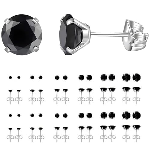 12 Pairs Stud Earrings Set, Hypoallergenic Surgical Stainless Steel 316L Earring for Women Men, Small Earring Studs Pack with Cubic Zirconia - color: Black-6 Sizes-3，4，5，6，7，8