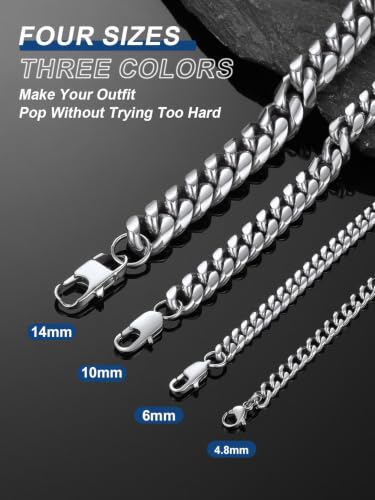 ChainsPro Stainless Steel Mens Cuban Link Chains, Hip Hop Miami Necklace | Daily Wear Jewelry with Gift Box, Silver/Gold Plated/Black, Sweatproof & Waterproof, Hypoallergenic Men Chains, No Tarnish - color: Silver